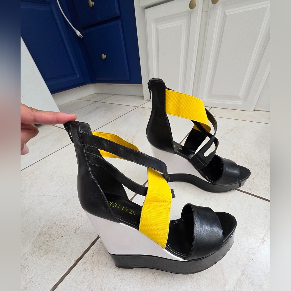 Paper Fox Size 11 Stylish Colorblock Black,Yellow & White Wedge Platform Sandals